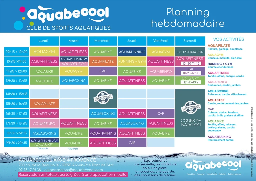 Planning de Aquabecool Aix-en-Provence septembre 2026